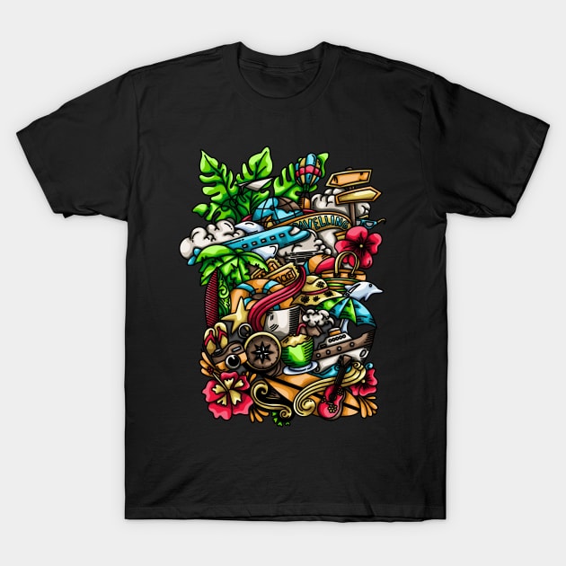 Travelling Doodle Illustration T-Shirt by Kincrevstudio